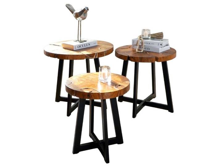 LebensWohnArt Beistelltisch Runder Massivholz Beistelltisch BAGIAN 50cm Teak natural Metall