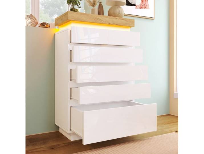 Commode laquée blanche 6 tiroirs avec LED commande tactile et via application rangement moderne 115x73x39cm moderne