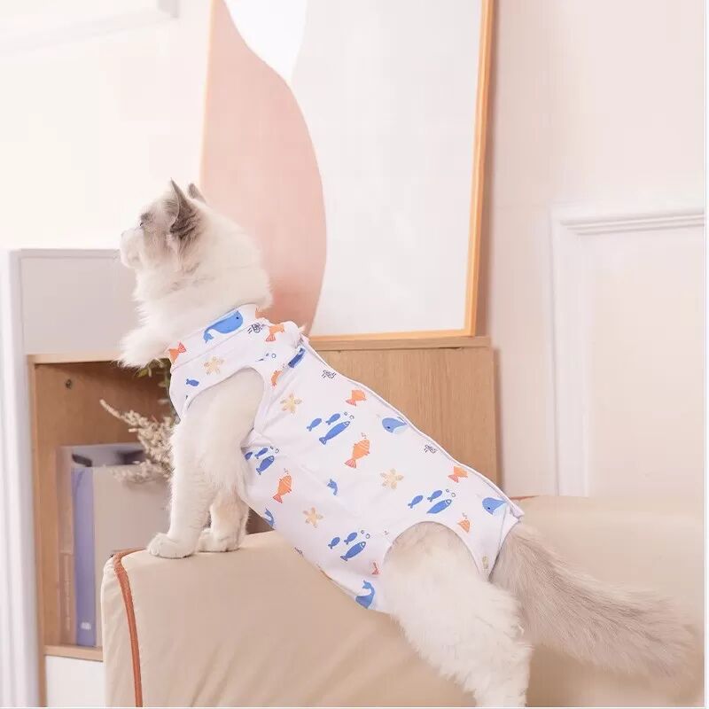 INF Bequemes Katzen-Sterilisationskleid mit Fischmuster für postoperative Erholung S