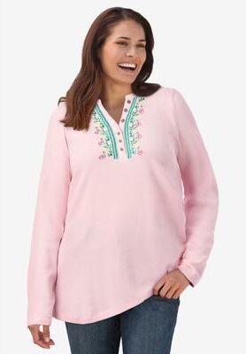 Plus Size Women's Embroidered Thermal Henley Tee by Woman Within in Pink Vine Embroidery (Size 2X) Long Underwear Top