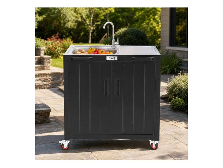 Feasto Servierwagen freistehender Grillwagen mit Edelstahl-Spülbecken, 89,5x65x120 cm, Mobiler Spülenschrank mit 360°-Lenkrollen für Garten & Terrasse