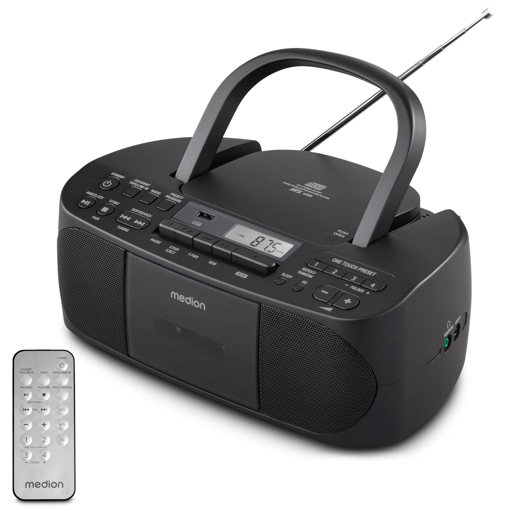 Medion LIFE® E65010 Boombox schwarz Radiorekorder mit CD-Spieler und Kassettendeck (mit CD, MP3, tragbar, USB, UKW, Kassette)