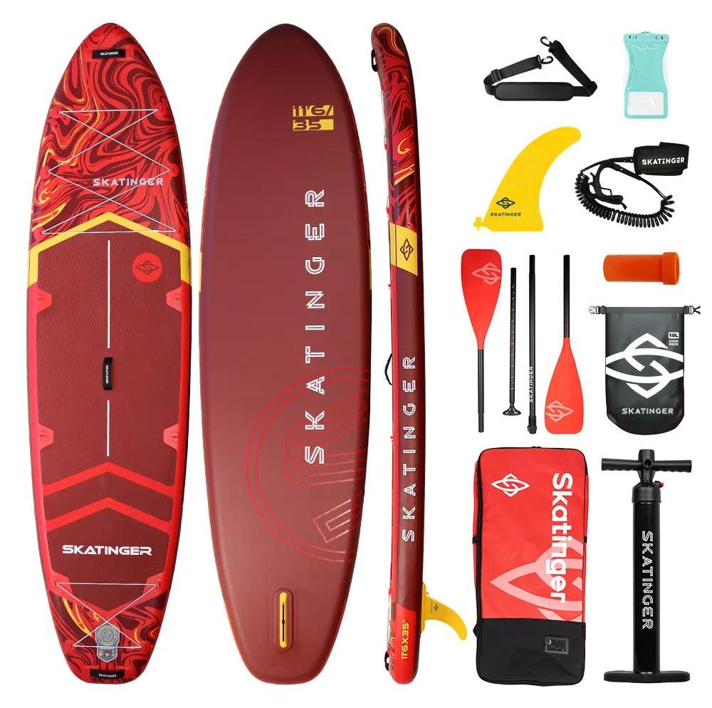 SUP SKATINGER Prana Magma Rot 350x89x15 cm (11'6'') Yogabrett inklusive sämtlichem Zubehör