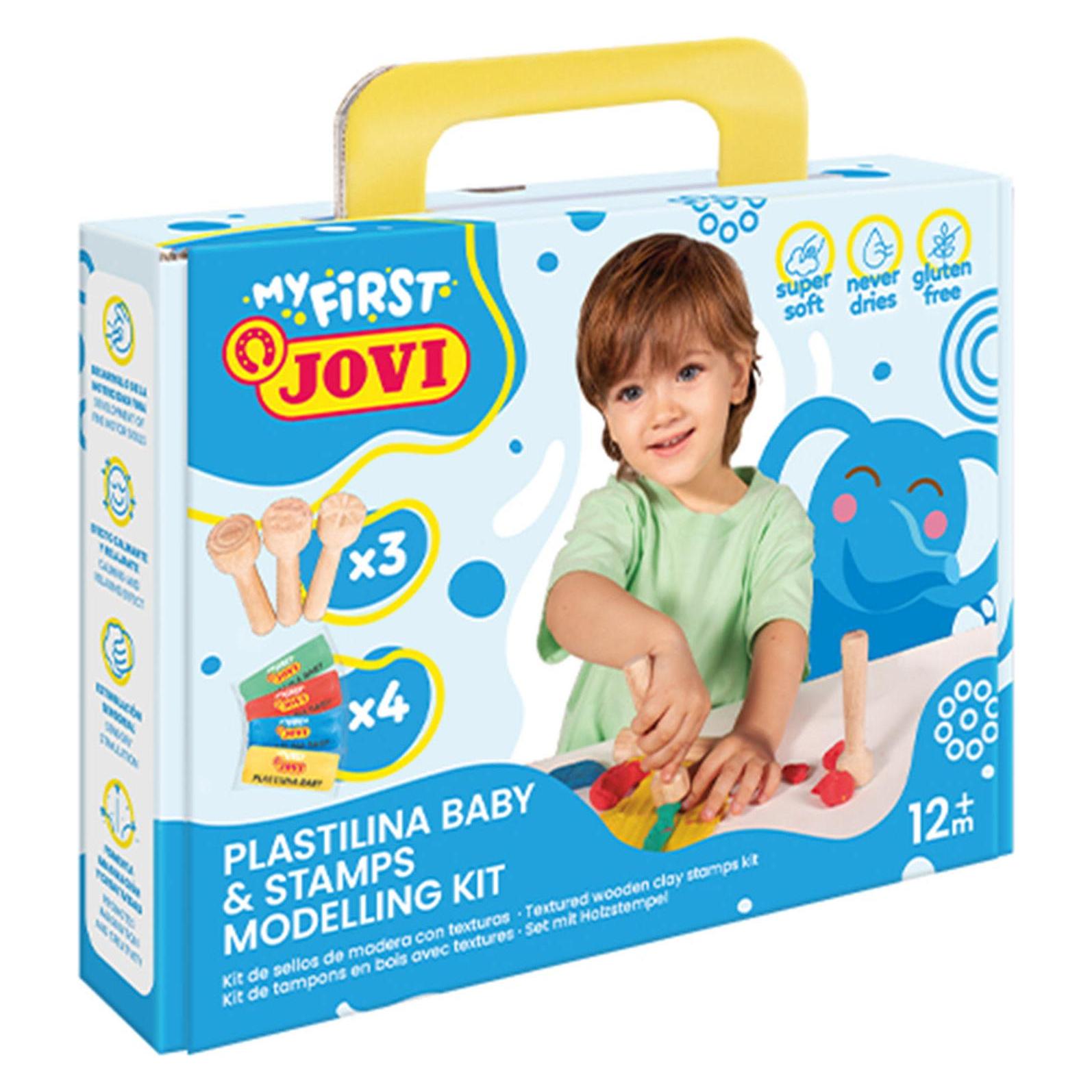 Jovi Plastilina Baby My First, Case with 4 bars modeling clay and 3 different wooden stamps (374WS-JV)