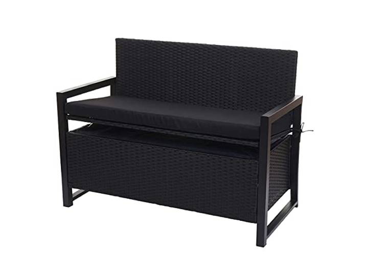 Mendler Poly-Rattan 2er Sitzbank HWC-F39 - anthrazit, Kissen schwarz Gartenbank, Truhenbank, Staufach, Aufbewahrung, Sitzkissen