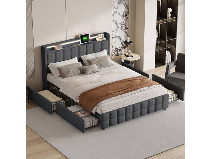 Lit double 160x200cm - ADWOLT - 4 tiroirs - LED - USB - Tête réglable - Design moderne