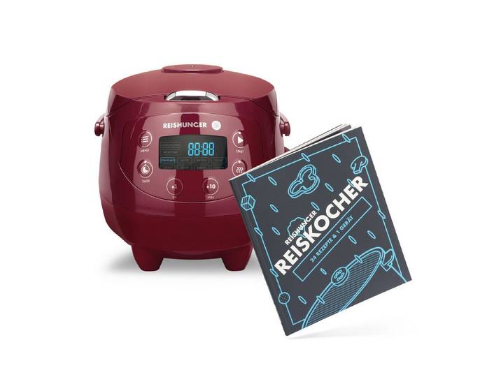 Reishunger Reiskocher Digital Mini – 0,6 L – Multikocher – 8 Programme – Keramikbeschichtung, 350 W, Dämpfeinsatz, Messbecher, Reislöffel, Timer- und Warmhaltefunktion