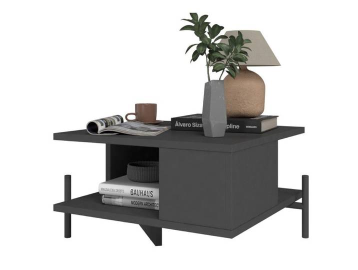 Table Basse - PEN - Rectangulaire - Pieds Métal - 1 Niche - Noir 51.5x44.5x26 cm