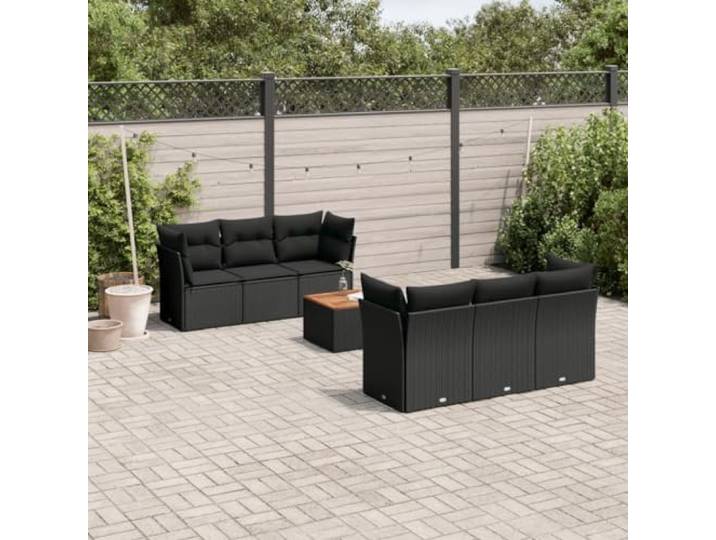 7 tlg. Gartensitzgarnitur aus Rattan PE, schwarz, mit Kissen und Stauraum, Couchtisch Akazie Holz
