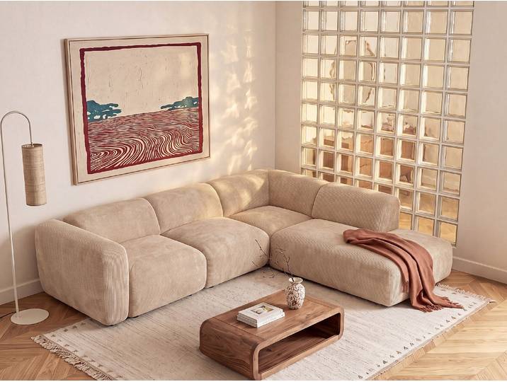 Großes modulierbares Ecksofa mit Récamiere-Rückenlehne aus Feincord Beige von Maison Céphy POGNI