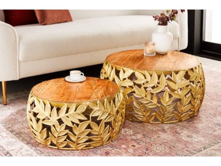 Riess Ambiente Couchtische Abstract Leaf 68cm - Gold Natur - Akazienholz Massiv, hochwertig, flexibel kombinierbar, individuelle Maserung, massive Verarbeitung, Aluminiumgestell