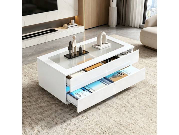 BBWL Couchtisch LED Glas Schubladen Hochglanz Wohnzimmertisch, 4 Schubladen, Moderner Couchtisch 100x50x40cm mit Stauraum, 35kg Tragfähigkeit