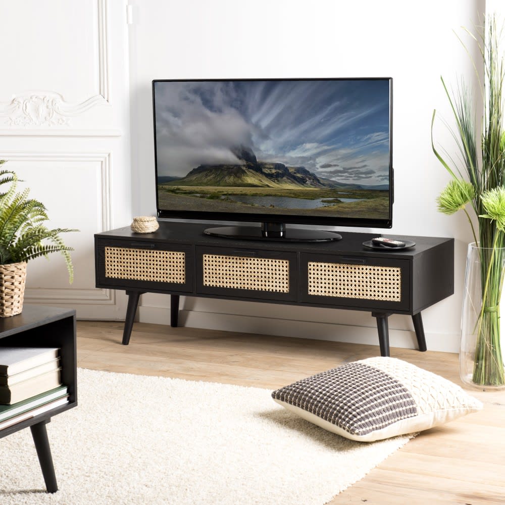MACABANE Meuble tv en bois 3 tiroirs cannage noir Noir 120x40x40cm