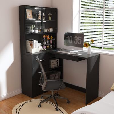 GREATPLANINC Executive Desk with Glass Cabinets & Built-In LED Lights, L-Shaped Corner Computer Desk, Writing Desk with USB Charging Ports