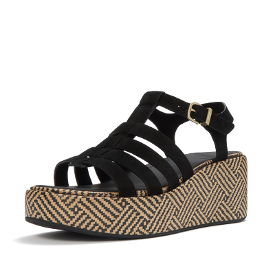 Keilsandalette FITFLOP "PLATFFORMS GRAPHIC-WEAVE SUEDE FISHERMAN SANDALS", Damen, Gr. 39, schwarz, Leder, Schuhe, Plateau, Riemchensandale mit verstellbarer Schnalle