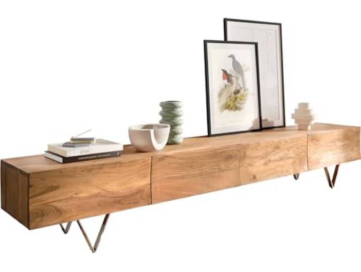 DELIFE TV-Board Wyatt Akazie Natur 220 cm 4 Schübe V-Fuß Edelstahl