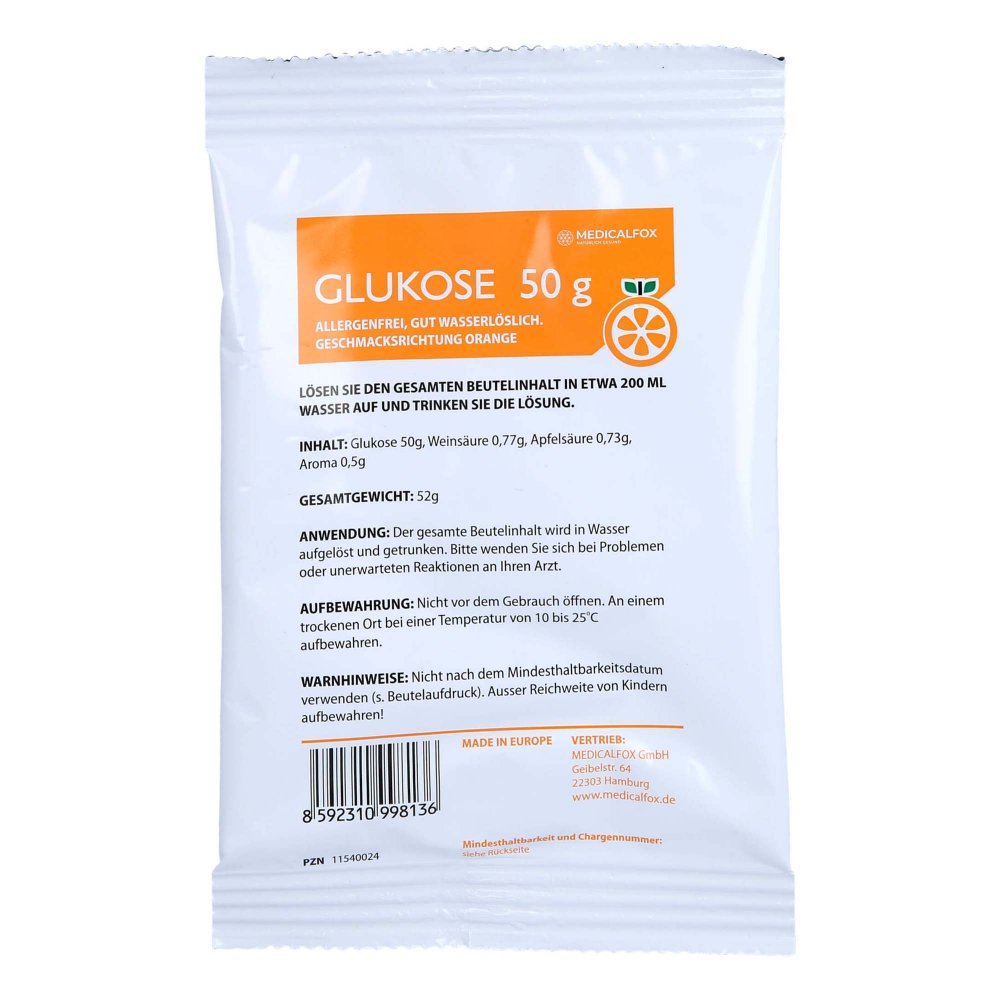 MEDICALFOX GmbH Glukose 50 g Orange Plv.z.her.e.lsg.z.einnehmen 11540024