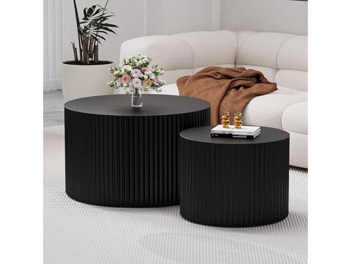YAOBAO Runder Couchtisch 2er Set, moderner geriffelt Beistelltisch aus Holz Trommel-Sofatisch, platzsparend Satztisch für Wohnzimmer/ Schlafzimmer/Büro/Flur, keine Montage, Stapelbarer, Black Round