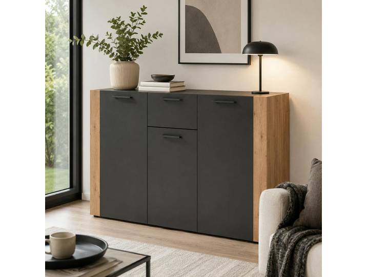 Buffet De Rangement Gris Foncé 3 Portes 1 Tiroir Alva