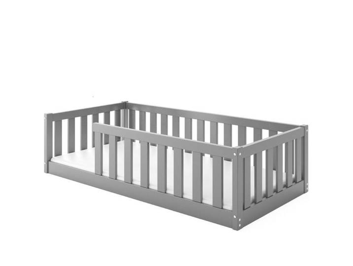 Lit au Sol Enfant 80x160 Bella - Gris - en Bois Massif Pin avec Barrière de Sécurité Anti-chute et Sommier à Lattes - Montessori