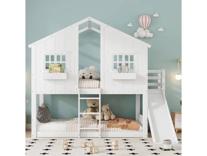 Lit superposé enfant 90x200 - SOGEU - Cabane avec toboggan - Sécurité EN747 - Toboggan antidérapant - 2 couchages