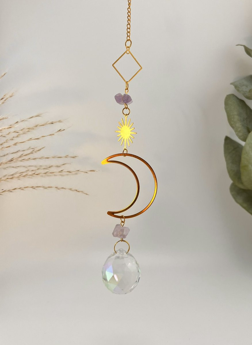 Cosy Casa Crystal Suncatcher Luna - Goud - Amethist en Maçischt - Raamdecoratie met Edelstenen