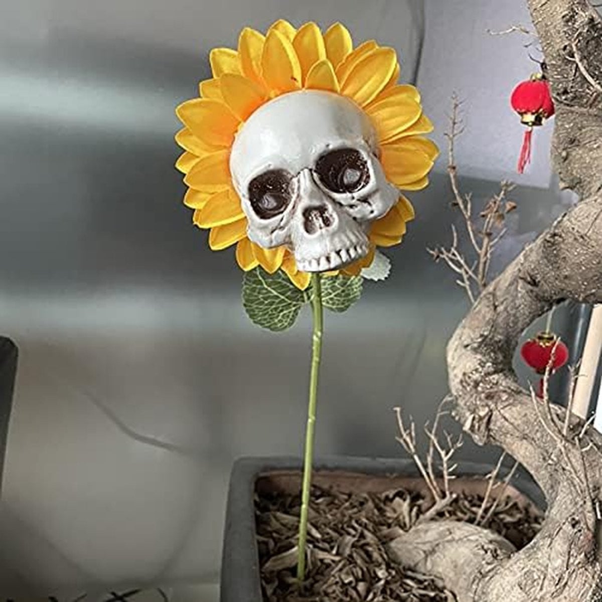 Kunstplant Zonnebloem met Schedel voor Halloween Decoratie