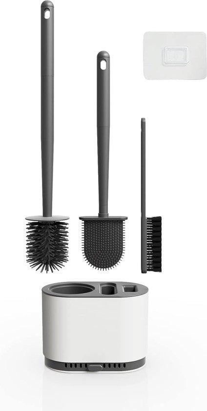 Unyqoos Toiletborstel set voor de badkamer, grijs, 3-delig, siliconen met vrijstaande houder