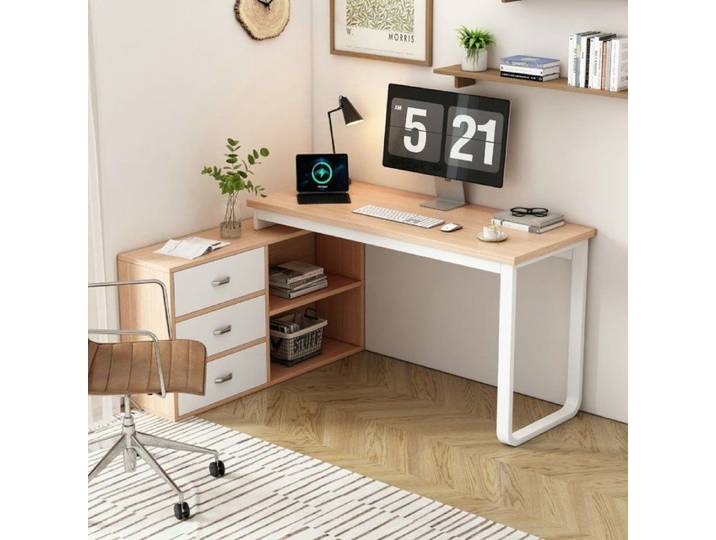 Bureau informatique Bureau simple bureau trois tiroirs deux tablettes de rangement ouvertes tube d\'acier massif large naturel