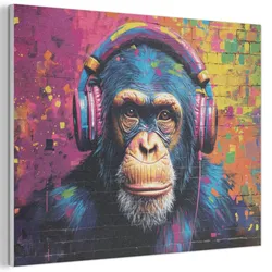 AKUSTIKBILD Graffiti - Schimpanse - Straßenkunst - Kopfhörer - Affe Wanddeko 70x50 cm