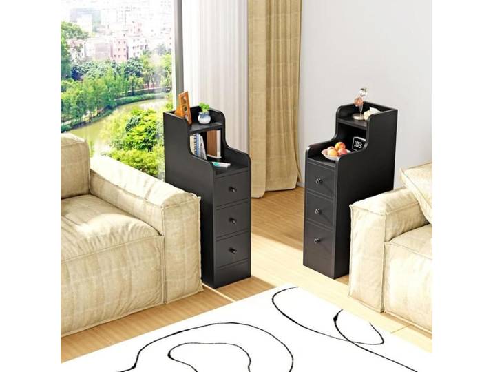 LVHCMFOHM Lot de 2 Table de Chevet Noire Table de Nuit 20x35x70cm 3 Tiroirs + Étagère Narrow et Moderne pour Petit Espace