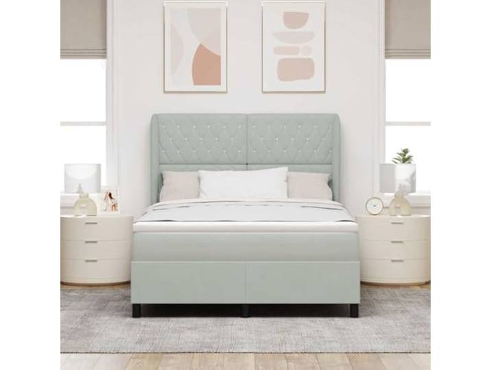 KTHLBRH Boxspringbett Samt Hellgrau 200 x 140 cm Verstellbares Kopfteil, Matratze mit mittlerer Festigkeit, Rahmen aus Massivholz, einfache Montage