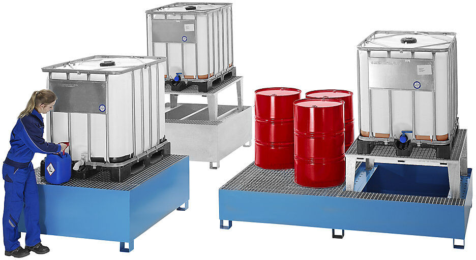Stahl-Auffangwanne für Tankcontainer IBC/KTC, für 2 x 1000-l-Container, 1 Abfüllaufsatz, feuerverzinkt eurokraft basic