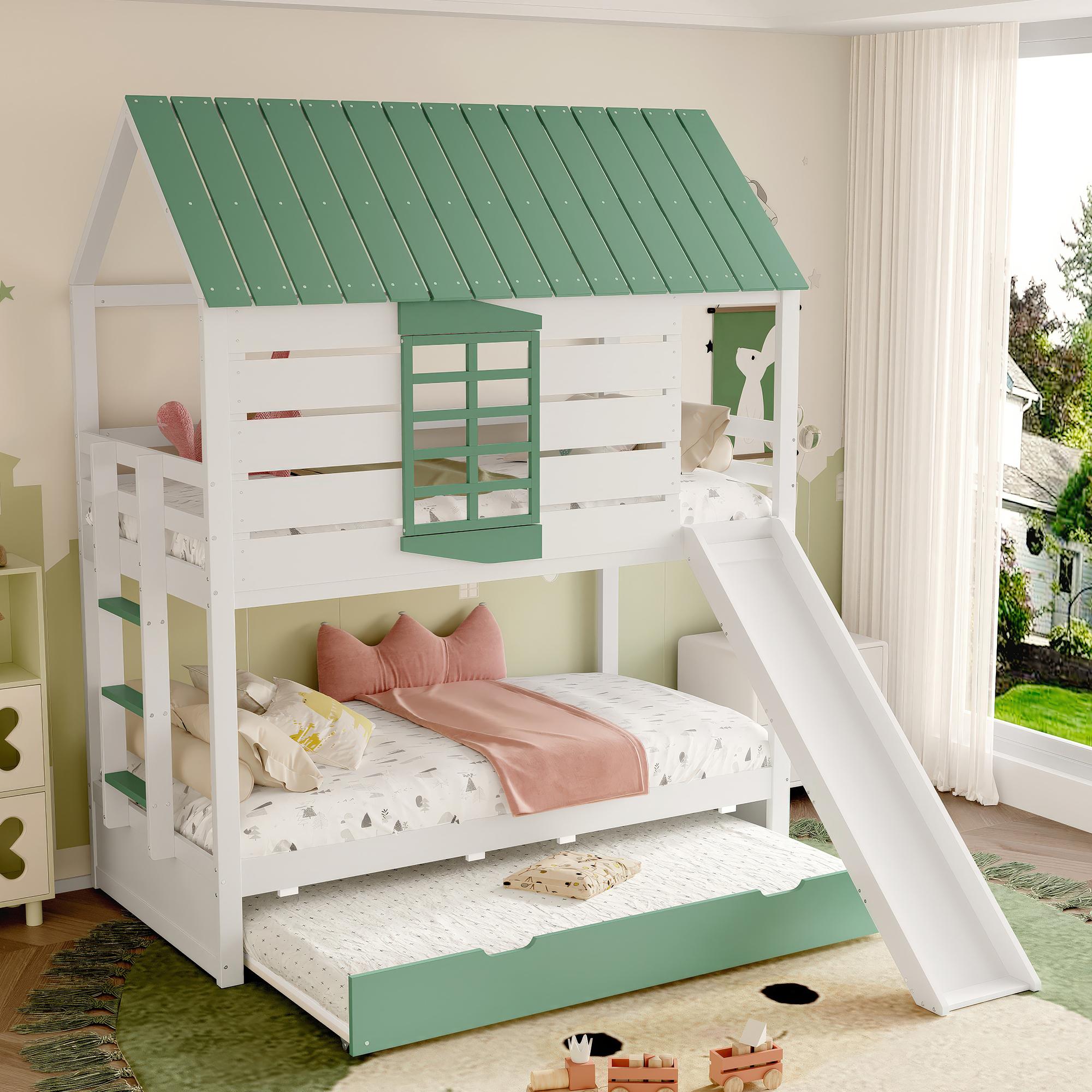 MODFU Etagenbett 90x200 Kinderbett mit Hausform mit Rutsche und Ausziehbett,Jugendbett und Dachform und Fenster,Ohne Matratze,Weiß+Grün