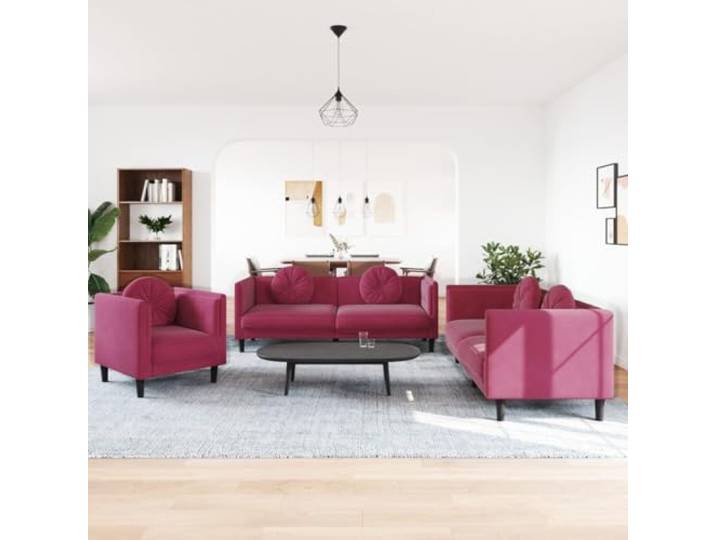 HEFZGDB Weinrote Samt Sofagarnitur 3-TLG. mit Kissen Bequemes Sitzmöbel für Wohnzimmer Weicher Velours Stoff und Dicke Polsterung Runde Zierkissen Moderne Designideen Stabile