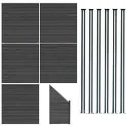 WPC Sichtschutzzaun x5, Eckstück x1 & LED Zaunpfosten x6 - Grau
