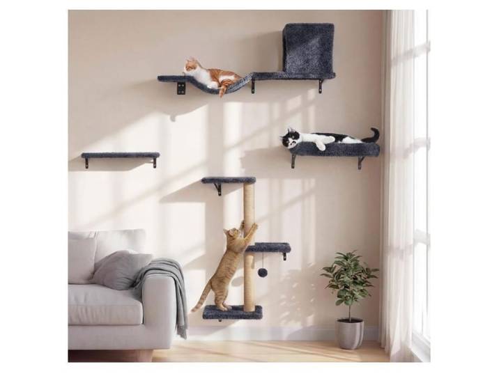 Étagères Murales pour Chat 4 en 1 Ensemble de Meubles Muraux Mur d'escalade en Bois avec Griffoir Pont et Lit pour Chat Gris