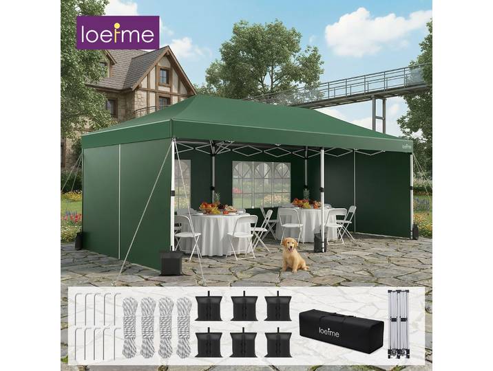 LOEFME Tonnelle Pop-Up 3x6M Portable pour Extérieur, Abri Imperméable et Coupe-Vent, Auvent Pare-Soleil, Tente de Camping en Tissu à 6 Côtés pour Jardin