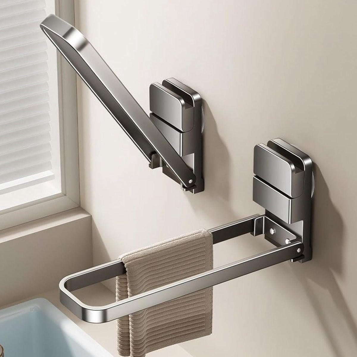 Opvouwbare handdoekhouder met zuignap voor wandmontage, 22 cm, twee-armig voor badkamer en keuken