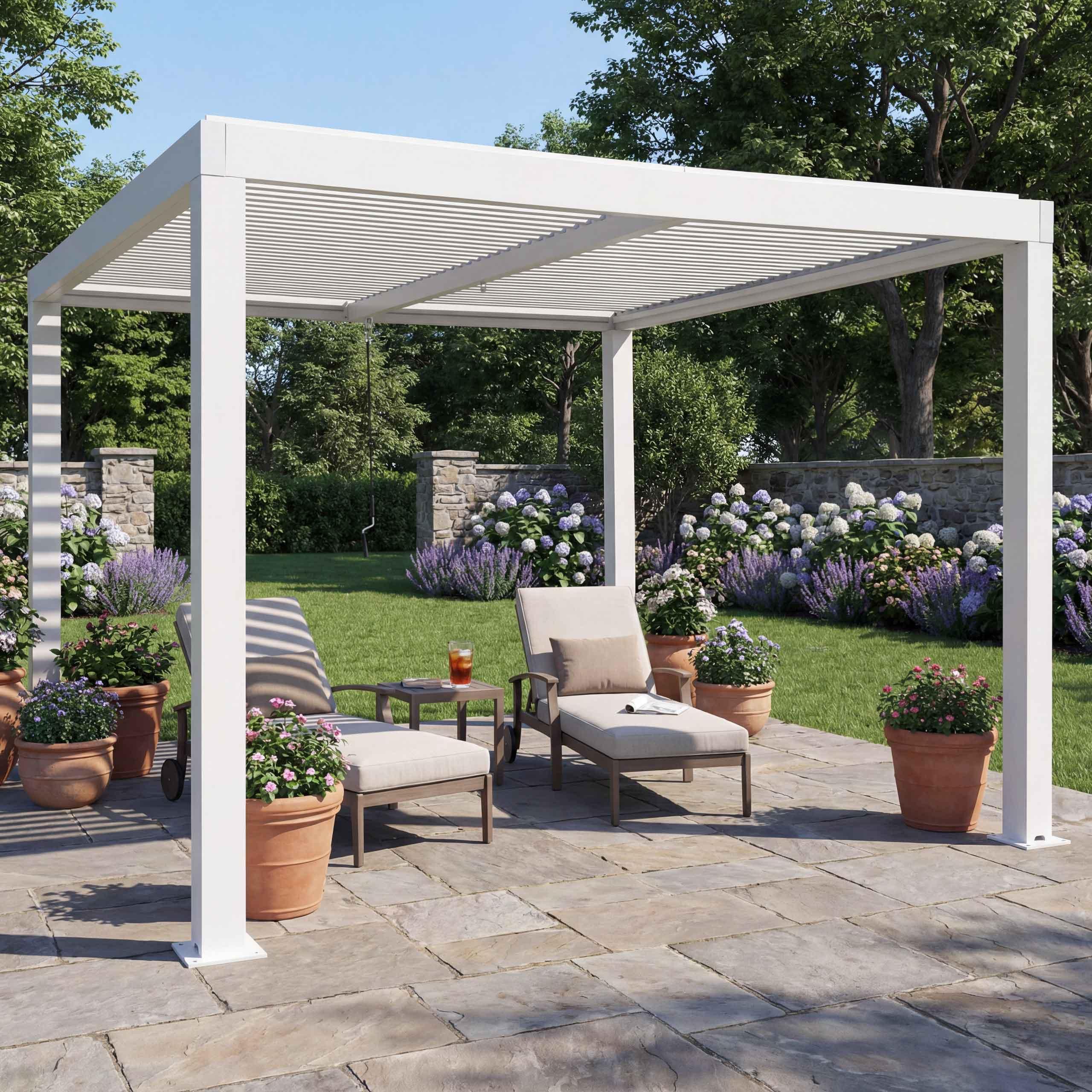 Pergola HWC-L46, Gartenpavillon Lamellen-Pavillon, 11cm-Aluminium-Gestell, Regenrinne sturmfest, 3x3m weiß