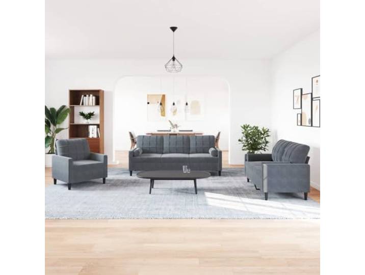 KTHLBRH Sofa-Set, 3-teilig, Samt, Dunkelgrau Mit 4 Kissen, Metallrahmen, Schaumstofffüllung, für Wohnzimmer