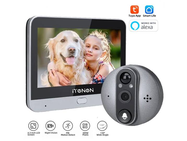 Smart Life House-Sonnette de porte sans fil, judas de porte, œil de porte avec caméra, détection PIR, 3MP, Tuya Samrt, Wi-Fi 2.4G