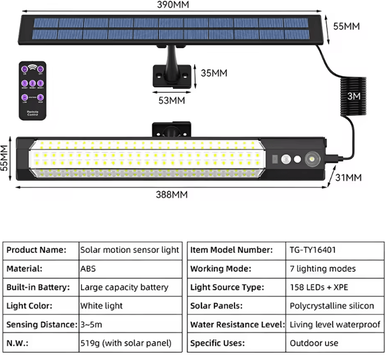 Inspire Curations 316 158 LED Solar Motion Sensor Wall Light Waterproof Outdoor Security Lamp 1 In 1 158led