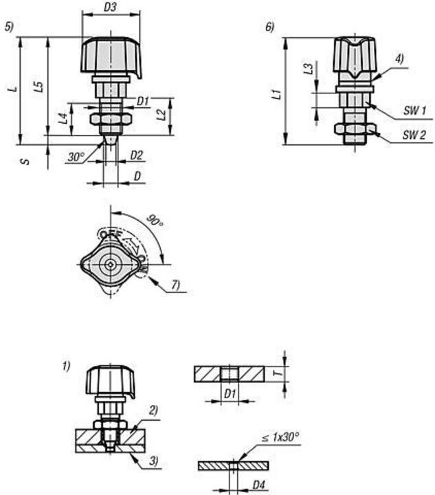 KIPP Arretierbolzen mit konischem Arretierstift Rastnut Kontermutter M1 (K1833.0005)