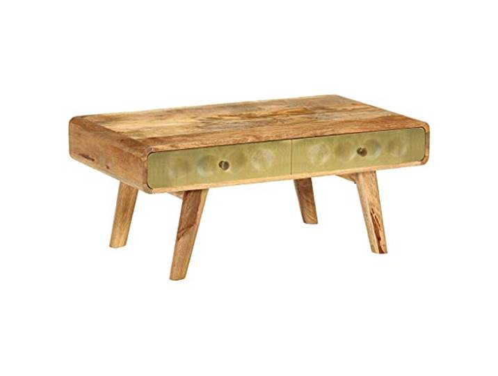 IBUQDDV Couchtisch Massivholz Mango 90x50x40 cm Massives Mangoholz, Goldmuster Front, Retro-Stil, robuste Tischplatte, einfacher Aufbau