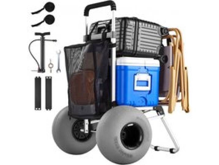 VEVOR Strandwagen mit Ballonreifen (12 Zoll), Faltbarer Strandtrolley (Aluminiumrahmen) mit 4-stufig Einstellbarem Schaumstoffgriff, Handwagen (75 kg Belastbar), Strandkarre für Camping und Angeln