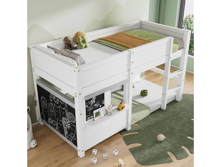 Dripex Lit Superposé 90x200cm avec deux tableau noir Lit Enfant Blanc Lit de jeu avec petite étagère