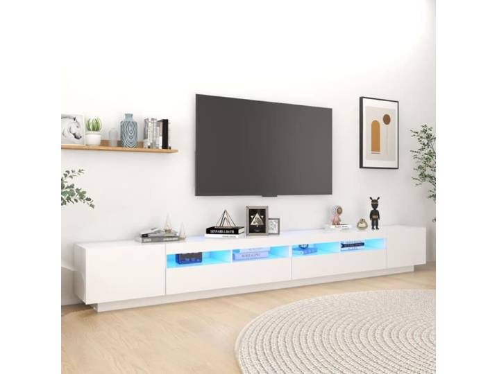 Meuble TV - AKOZON - Blanc - 300x35x40 cm - Lumières LED RVB - Design Contemporain