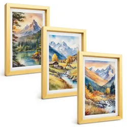 BILDER SET 3er Set - 20x30 cm Goldrahmen - Berglandschaft mit einem Fluss