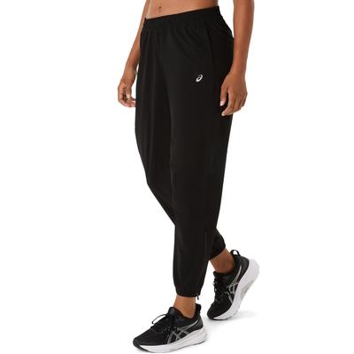 Laufhose ASICS "ASICS CORE WOVEN PANT", Damen, Gr. XL, N-Gr, schwarz (performance schwarz), Obermaterial: 87% Polyester, 13% Elasthan, Hosen Laufhose, Schnelltrocknend, Reflektierend, Smartphone-Fach